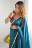 Beautiful Teal Blue Tissue Silk Pre-Stitched Saree With Blouse