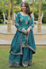 Startling Teal Blue Sequins Chinon Event Wear Palazzo Suit With Dupatta