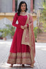 Shocking Pink Embroidered Vichitra Silk Wedding Wear Gown With Dupatta