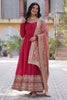 Shocking Pink Embroidered Vichitra Silk Wedding Wear Gown With Dupatta
