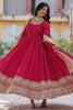 Shocking Pink Embroidered Vichitra Silk Wedding Wear Gown With Dupatta