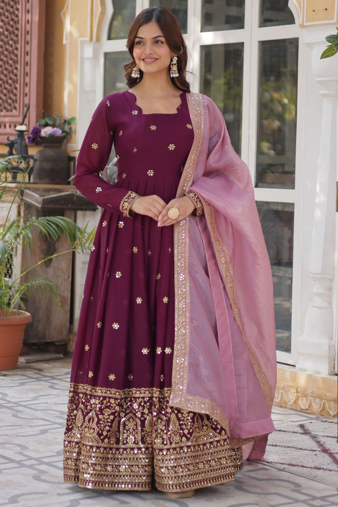 Awesome Wine Color Georgette  Festival Wear Anarkali Gown With Dupatta