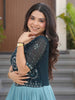 Outstanding Teal Blue Beads Work Georgette Reception Wear Gown