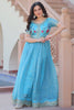Dazzling Sky-Blue Sequins Work Chinon Event Wear Gown