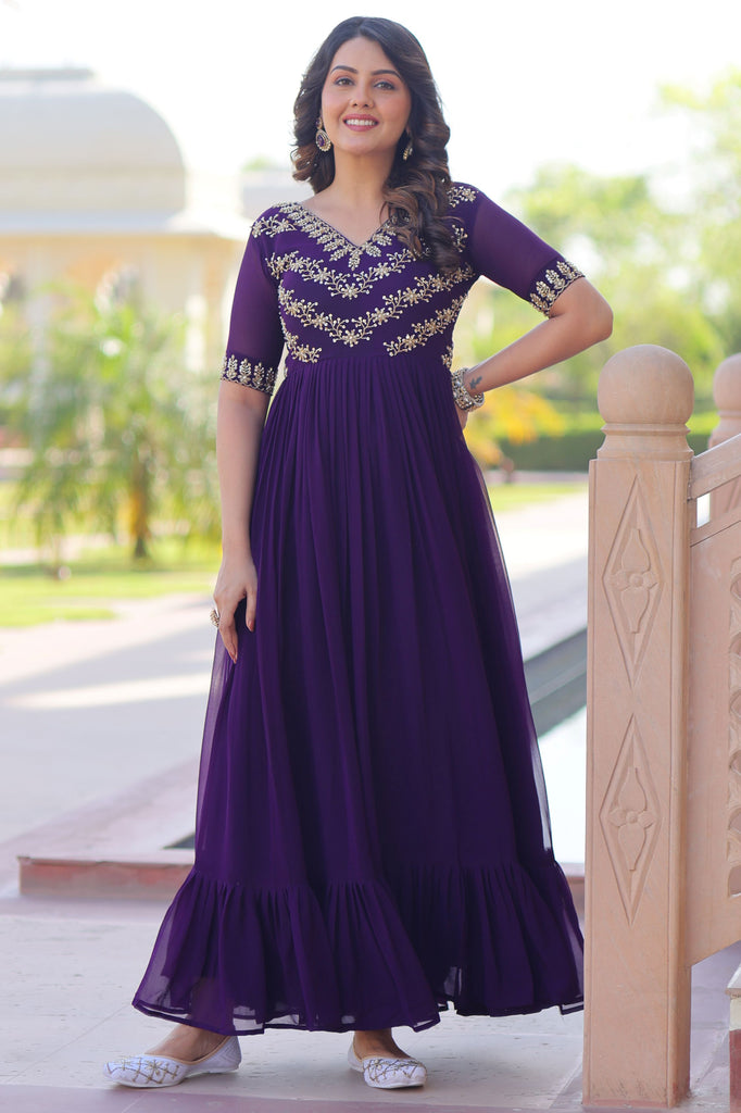 Stunning Purple Beads Work Georgette Event Wear Gown