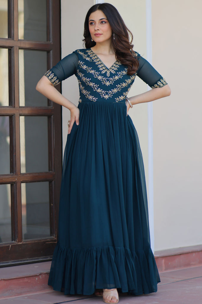 Spectacular Rama Blue Beads Work Georgette Festival Wear Gown