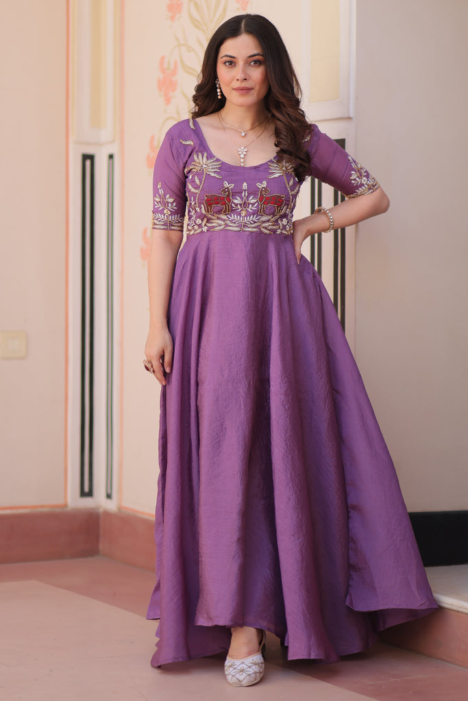 Captivating Purple Beads Work Organza Festival Wear Gown