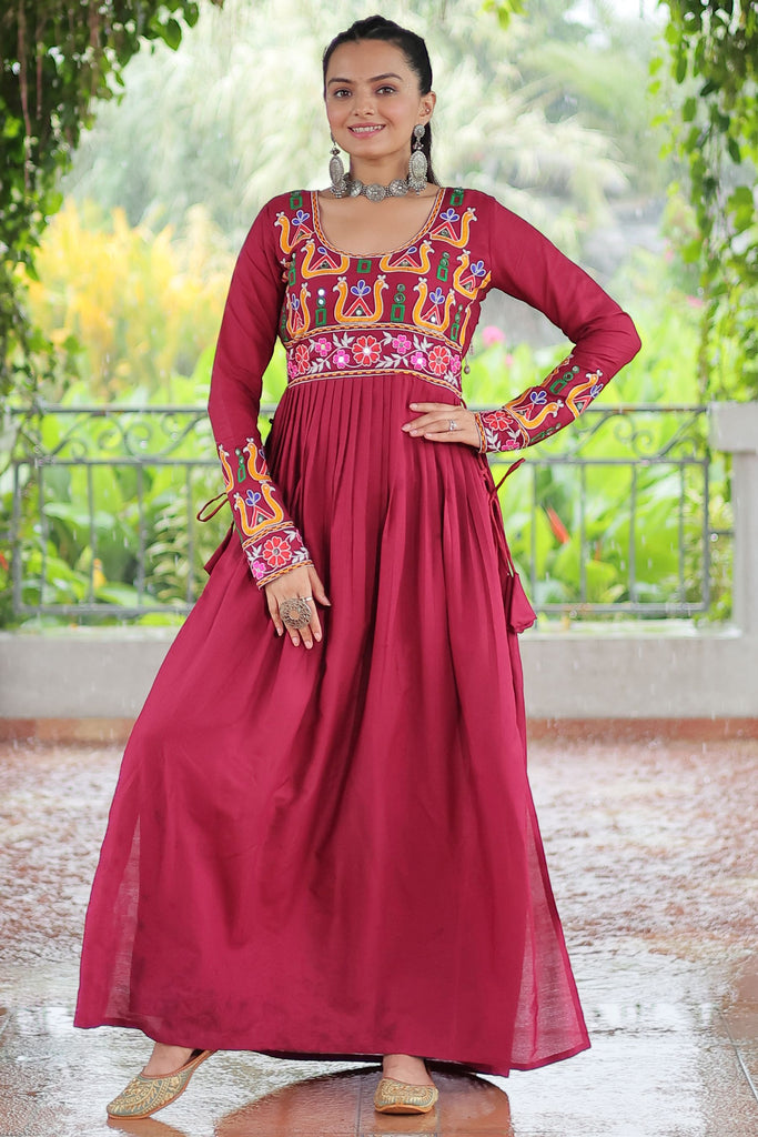 Precious Red Gamthi Work Rayon Festival Wear Nayra Cut Kurti