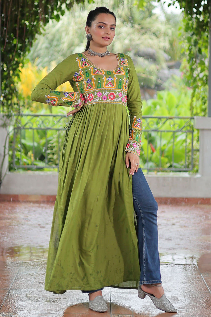 Stunning Green Gamthi Work Rayon Navratri Wear Nayra Cut Kurti
