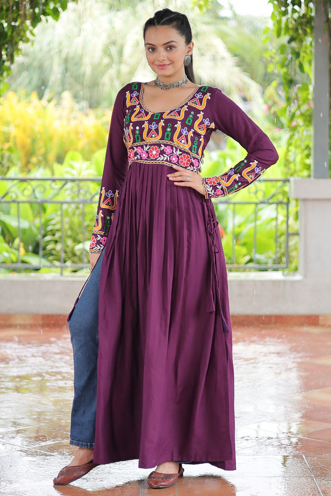 Lovely Wine Kutchi Work Rayon Traditional Nayra Cut Kurti