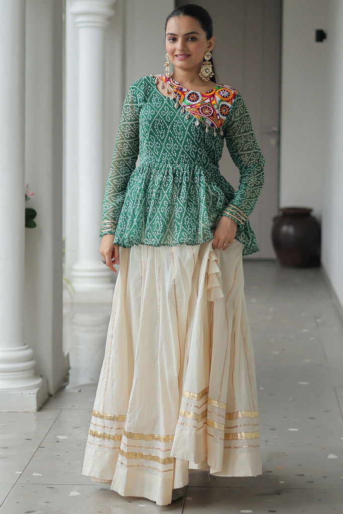 Gorgeous Green Bandhani Printed Navratri Lehenga With Peplum Top