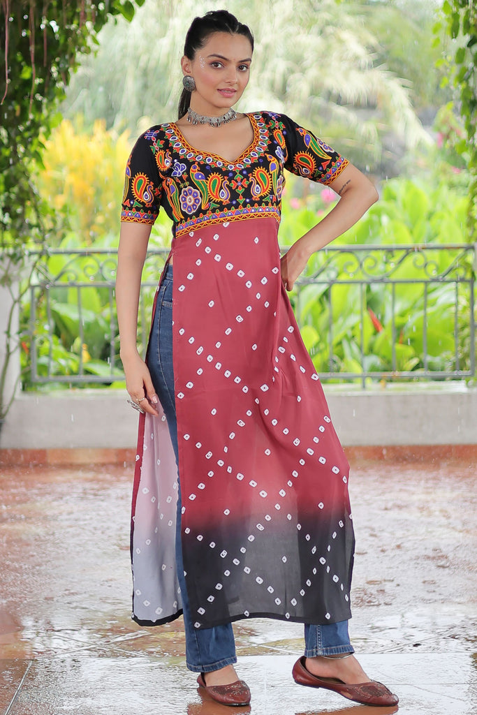 Beautiful Black Kutchi Work Rayon Navratri Wear Nayra Cut Kurti