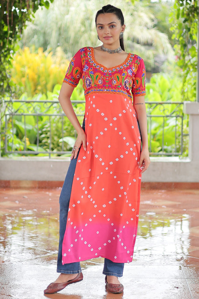 Tantalizing Pink Badhani Printed Rayon Festival Wear Nayra Cut Kurti