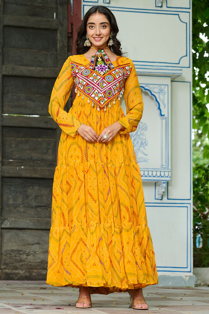Fascinating Mustard Yellow Bandhani Printed Georgette Gown