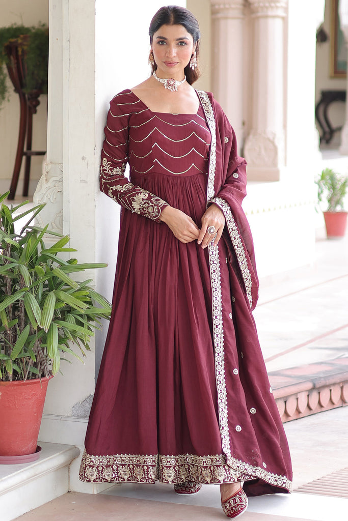 Glamorous Maroon Sequins Embroidered Silk Traditional Gown With Dupatta