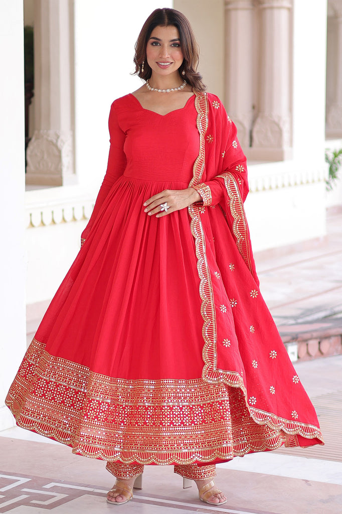 Fantastic Red Sequins Embroidered Silk Wedding Anarkali Suit With Dupatta