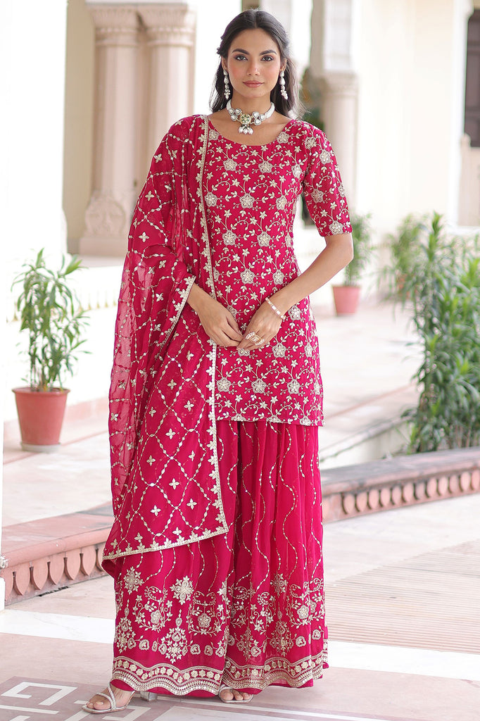 Stunning Pink Georgette Sequins Festival Wear Sharara Suit With Dupatta