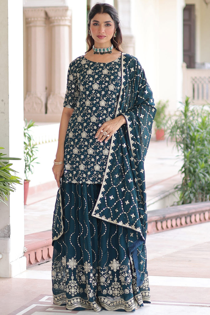 Outstanding Blue Georgette Sequins Embroidered Reception Wear Sharara Suit