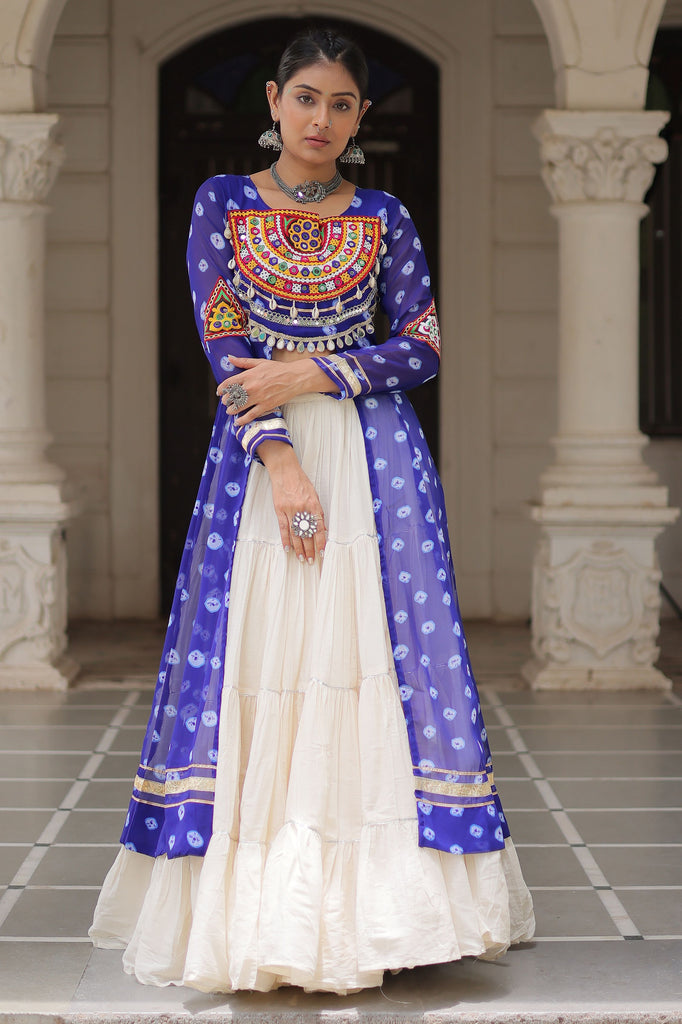 Gorgeous Blue Bandhani Printed Cotton Navratri Wear Lehenga With Kurti