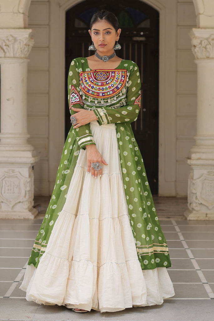 Adorable Green Bandhani Printed Festival Wear Lehenga With Kurti