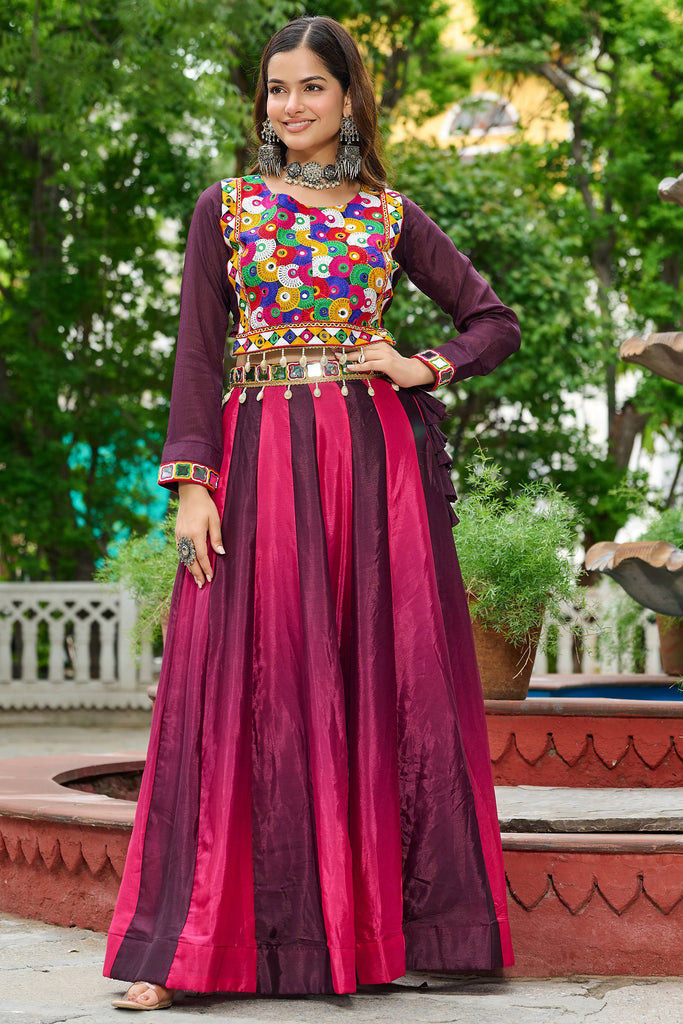 Attractive Wine Kutchi Gamthi Work Chinon Navratri Lehenga Choli