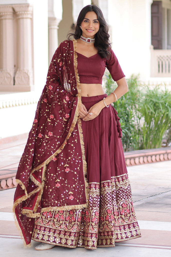 Bewitching Maroon Sequins Embroidered Silk Wedding Lehenga Choli