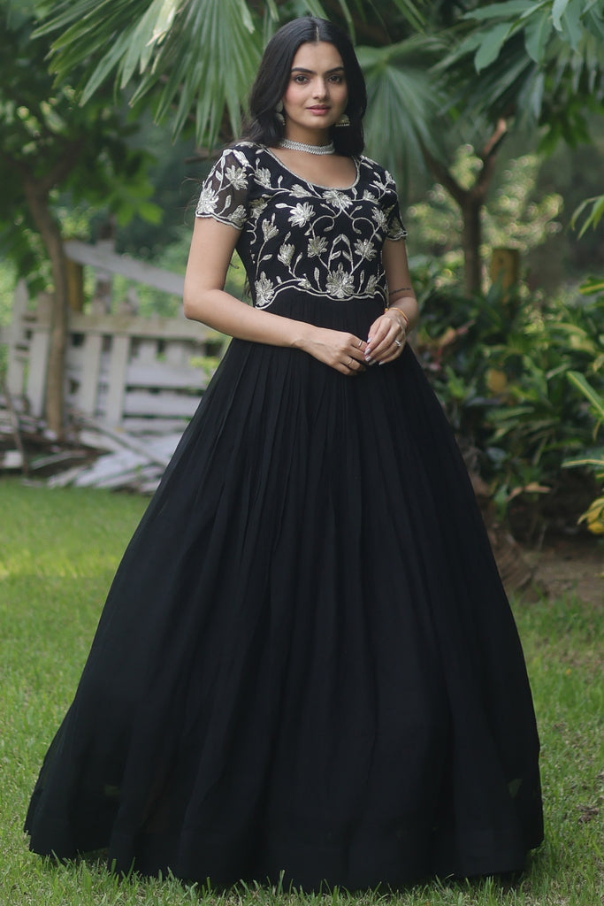 Mesmerizing Black Embroidered Georgette Reception Wear Gown