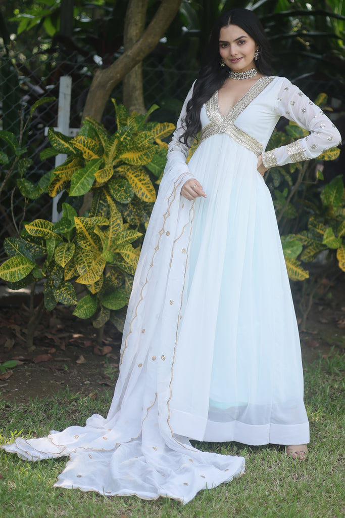 Incredible White Embroidered Georgette Event Wear Gown With Dupatta 