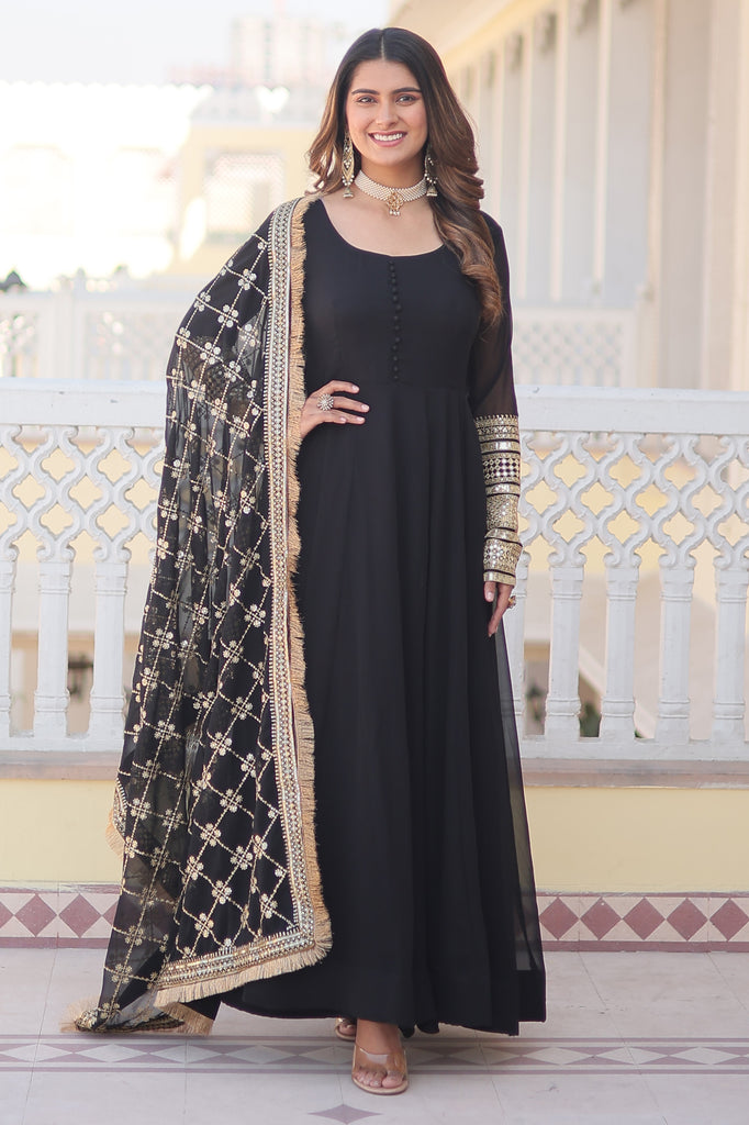 Beautiful Black Georgette Reception Wear Gown With Heavy Dupatta