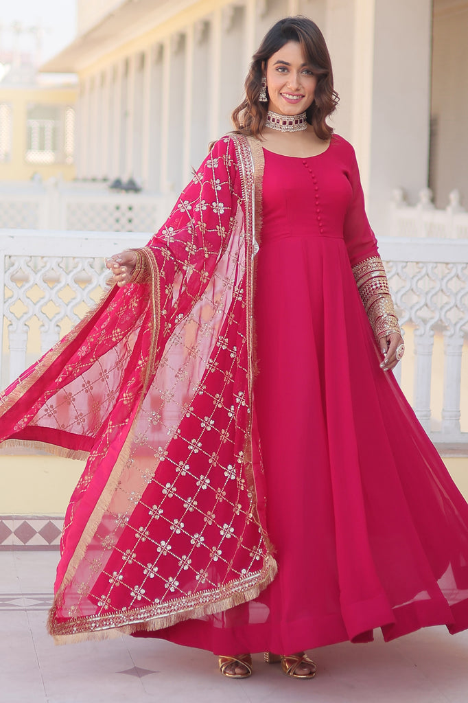 Gorgeous Rani Pink Georgette Festival Wear Gown With Dupatta