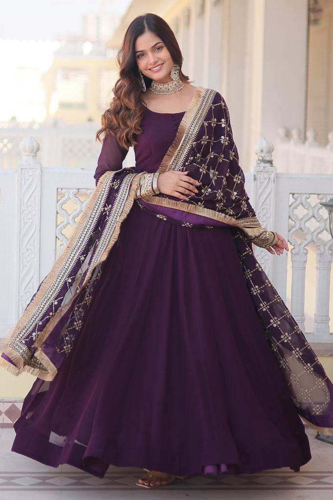 Dazzling Purple Georgette Engagement Wear Gown With Heavy Dupatta