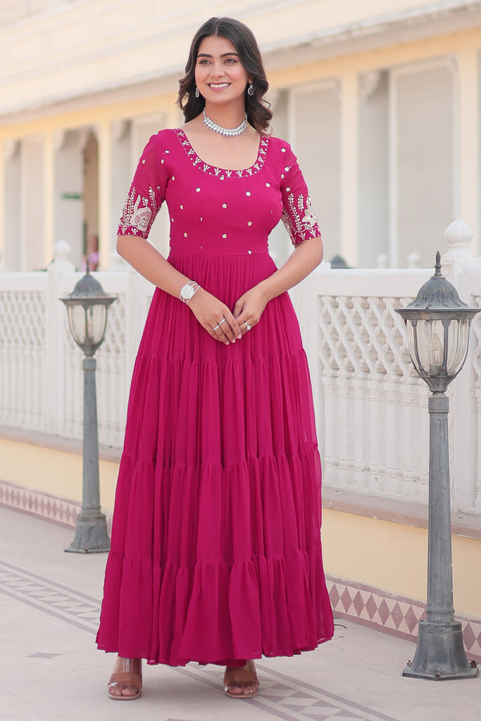 Adorable Pink Embroidered Georgette Function Wear Gown