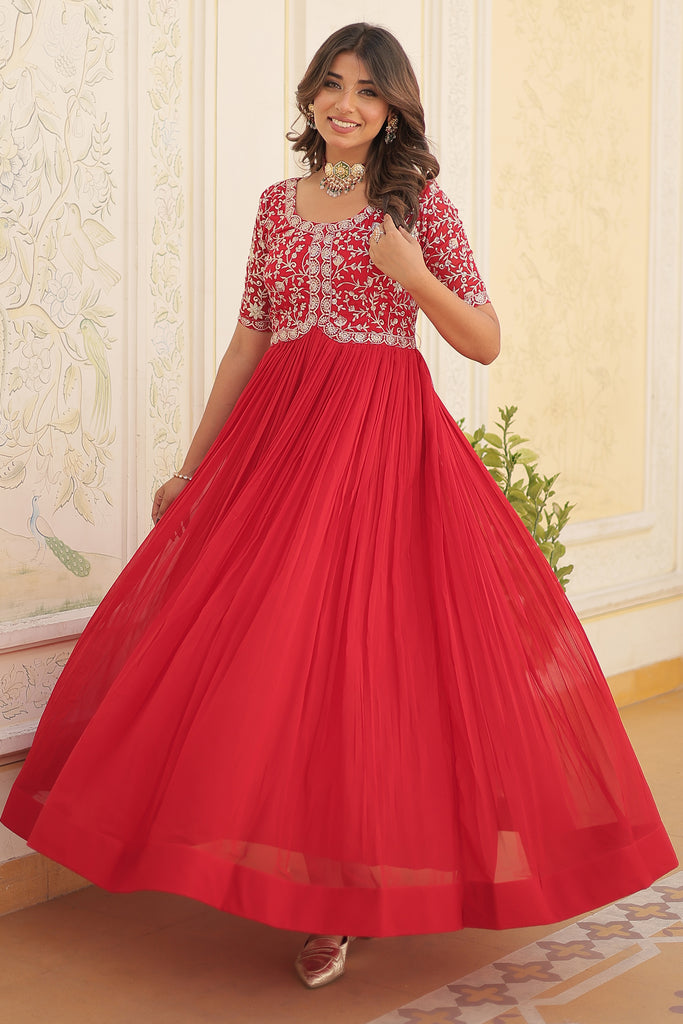 Fascinating Red Embroidered Georgette Wedding Wear Gown