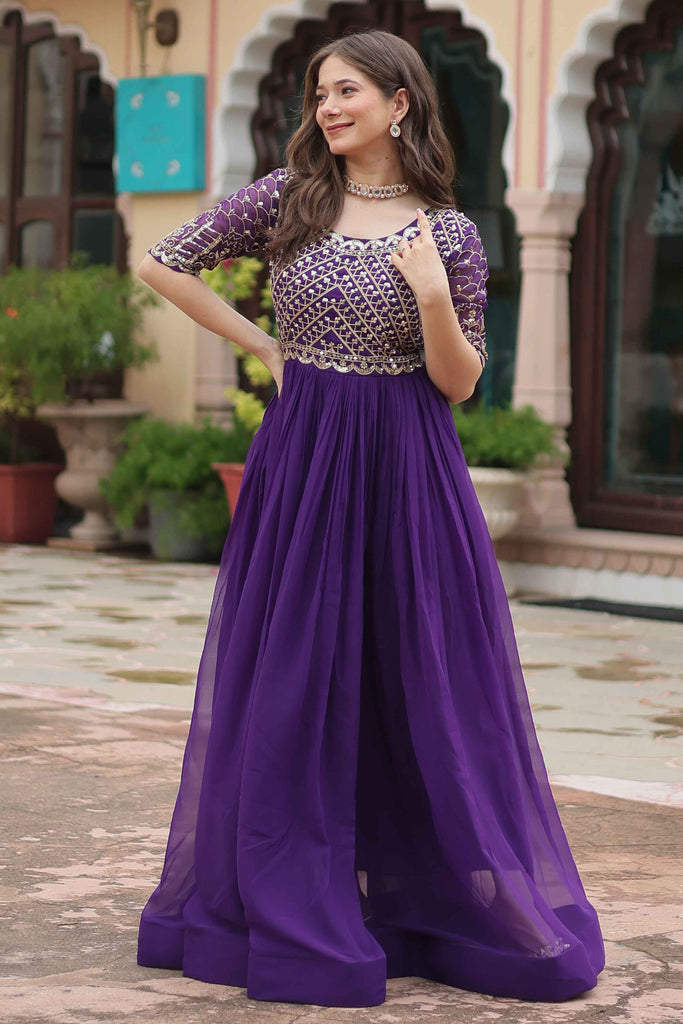 Fabulous Purple Embroidered Georgette Wedding Wear Gown