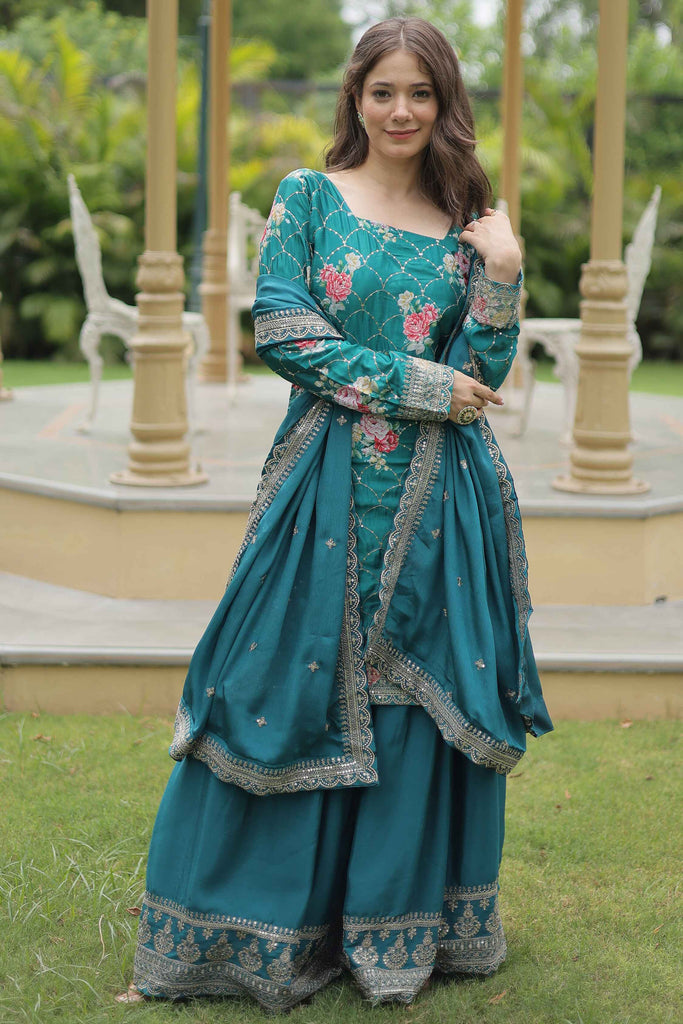 Startling Teal Blue Sequins Chinon Event Wear Palazzo Suit With Dupatta