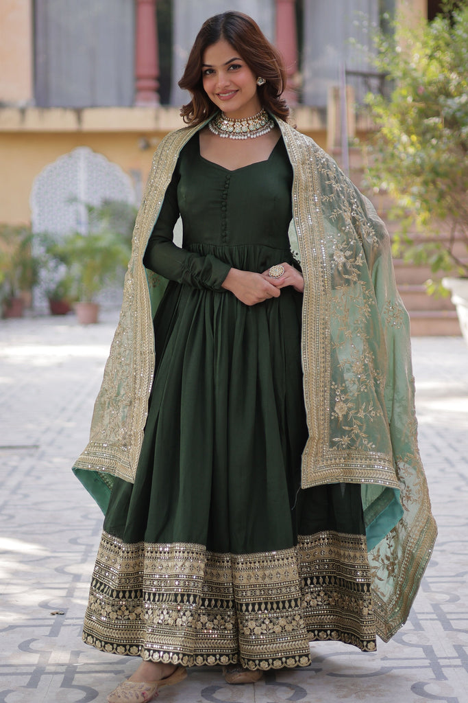 Surprising Green Embroidered Vichitra Silk Mehendi Wear Gown