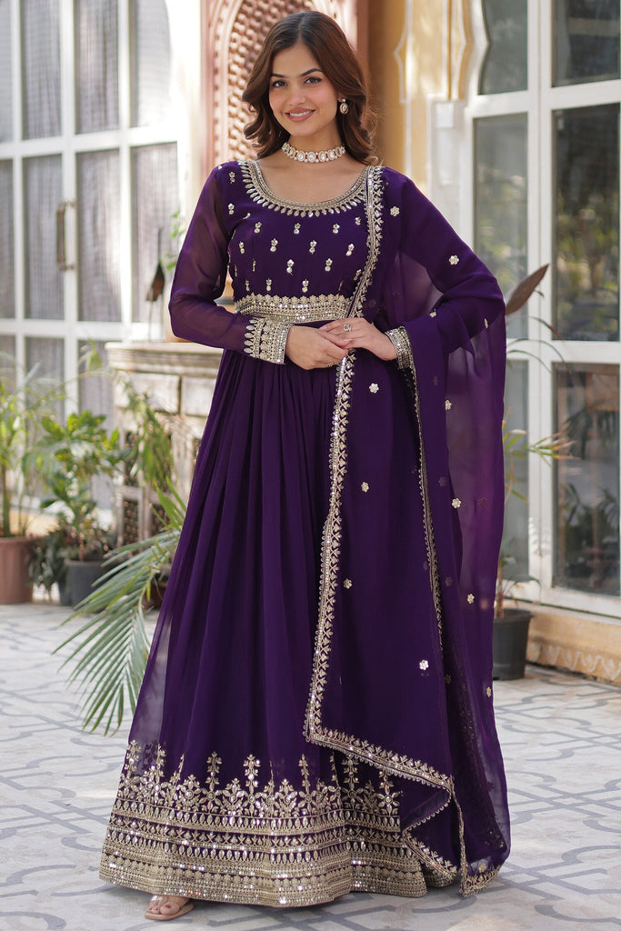 Dazzling Purple Sequins Georgette Reception Wear Gown With Dupatta