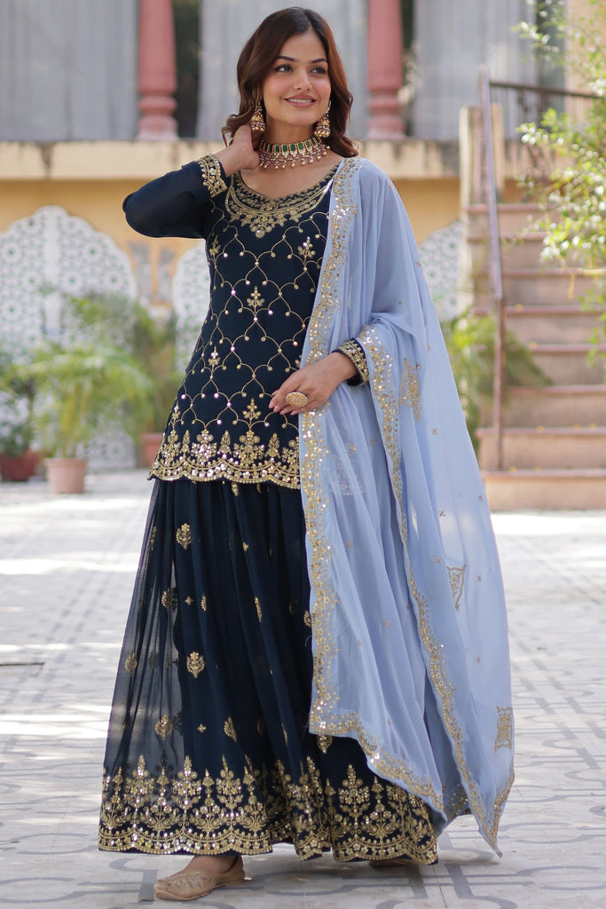 Attractive Blue Sequins Georgette Festival Wear Sharara Suit