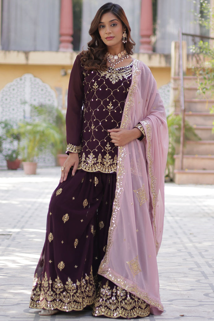 Beautiful Wine Embroidered Georgette Eid Wear Sharara Suit