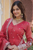 Stunning Coral Red Zari Work Viscose Event Wear Gown With Dupatta