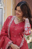 Stunning Coral Red Zari Work Viscose Event Wear Gown With Dupatta