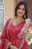 Stunning Coral Red Zari Work Viscose Event Wear Gown With Dupatta
