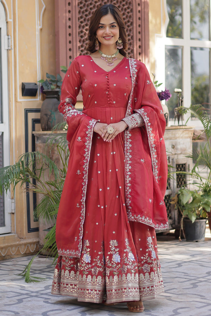 Stunning Coral Red Zari Work Viscose Event Wear Gown With Dupatta
