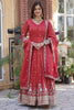 Stunning Coral Red Zari Work Viscose Event Wear Gown With Dupatta