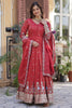 Stunning Coral Red Zari Work Viscose Event Wear Gown With Dupatta