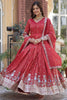 Stunning Coral Red Zari Work Viscose Event Wear Gown With Dupatta