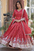 Stunning Coral Red Zari Work Viscose Event Wear Gown With Dupatta
