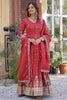 Stunning Coral Red Zari Work Viscose Event Wear Gown With Dupatta