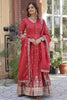 Stunning Coral Red Zari Work Viscose Event Wear Gown With Dupatta
