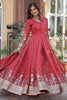 Stunning Coral Red Zari Work Viscose Event Wear Gown With Dupatta